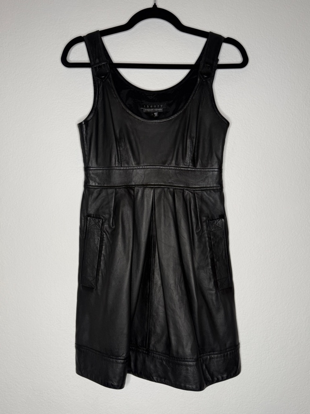Theory for Bergdorf Goodman Angeline Leather Mini Dress Black Pockets Size 0